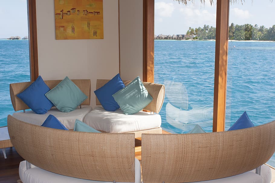 maldives, conrad, atoll, waiting room, sofa, cushion, tropical, indian ocean, air taxi, sea