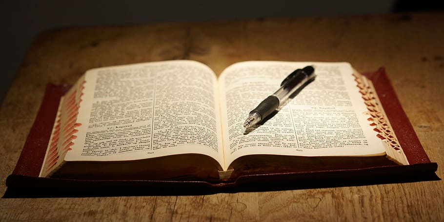 opened, bible, click pen, book, read, table, publication, paper, pen, writing