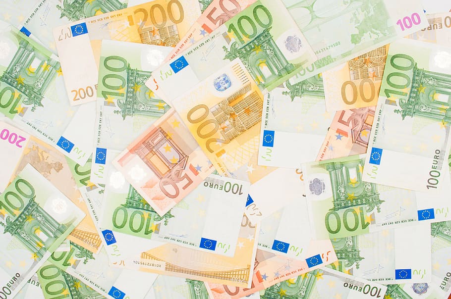 100, billetes de 50 euros, símbolo del euro, desenfocado, moneda de la Unión Europea, fondos, proyecto de ley, negocios, conceptos, temas de conceptos