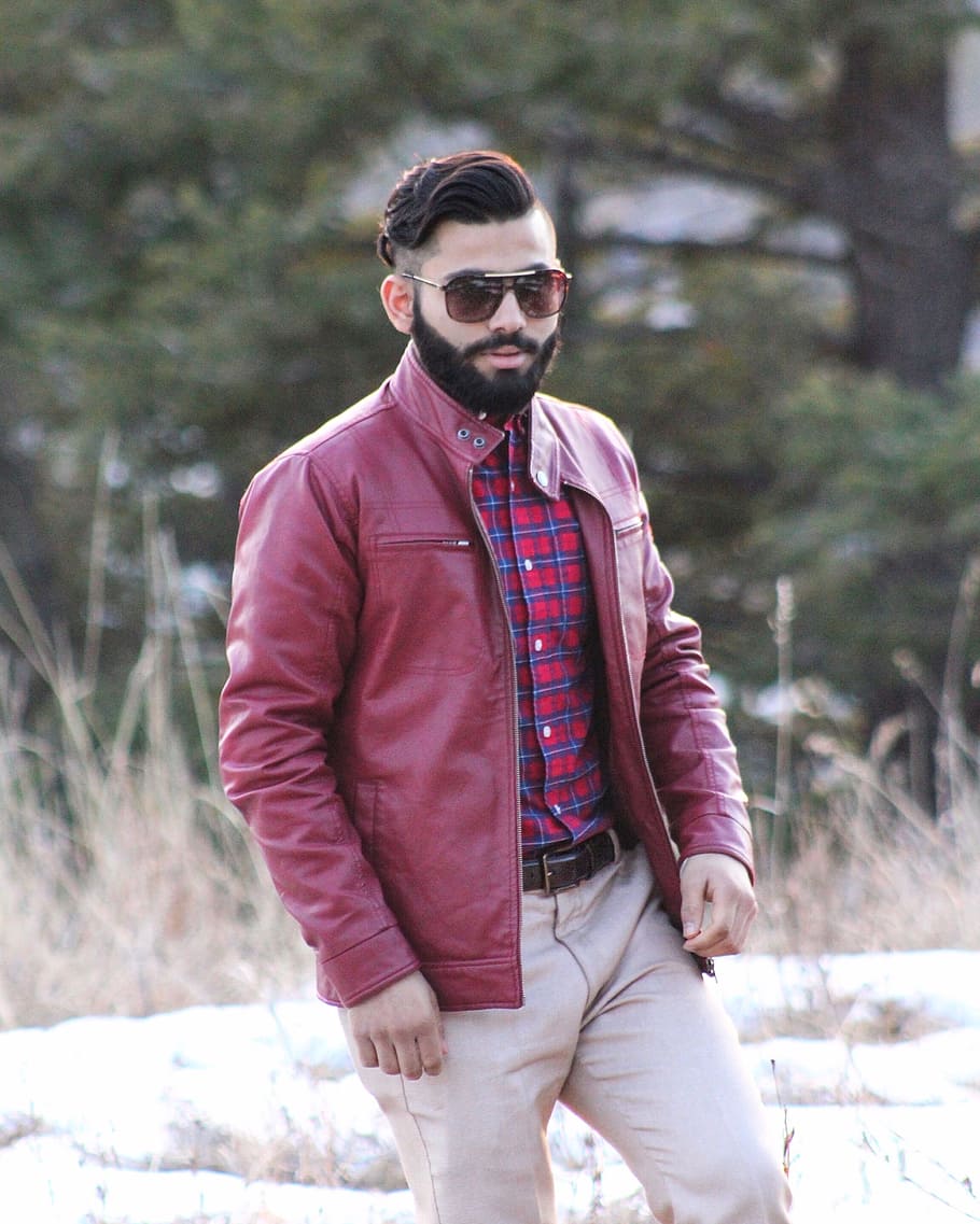 man, red, leather zip-up jacket, wearing, sunglasses, Beard, Clothes, Male, Adult, People