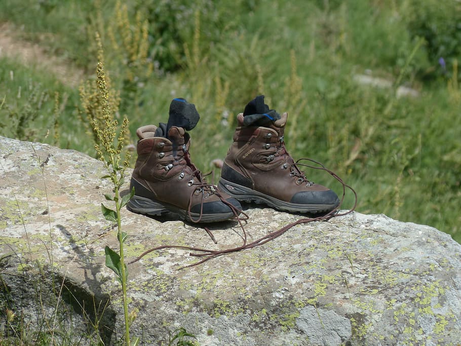 pair, hiking, boots, rock, mountaineering shoes, shoes, hiking shoes, worn, socks, shoelaces