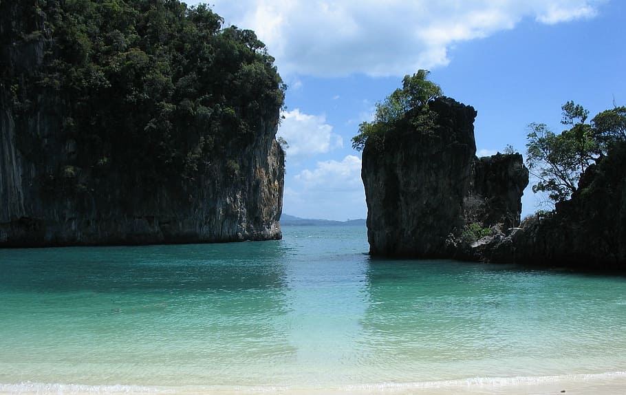koh hong krabi, beach, cliffs, water, thailand, sea, nature, coastline, cliff, island