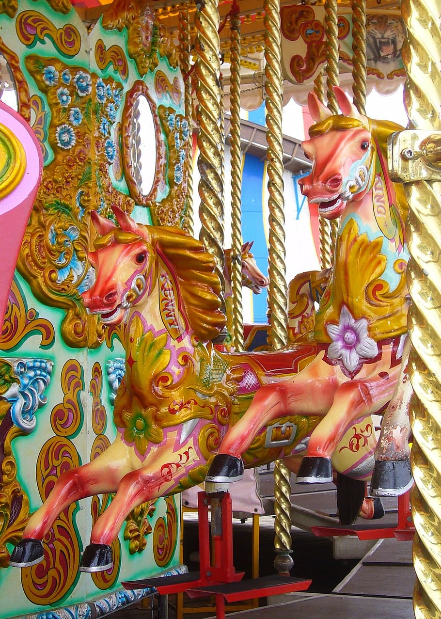 pink, yellow, horse carousel, roundabout, carousel, children's ride, amusement, horse, brighton pier, england
