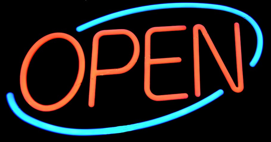 open led signage, open sign, sign, signage, neon, light, bright, open, business, store