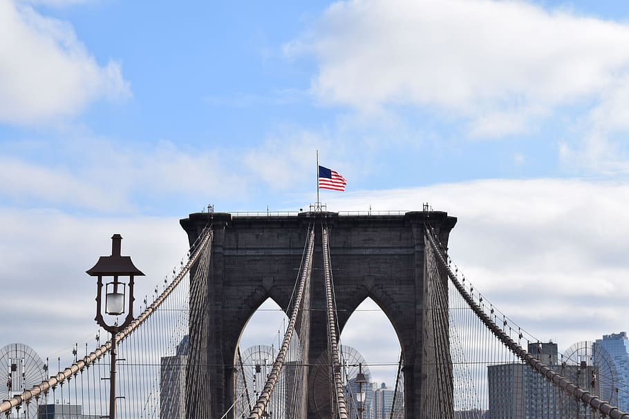 architecture, new york, nyc, usa, brooklyn bridge, bridge, flag, built structure, patriotism, bridge - man made structure