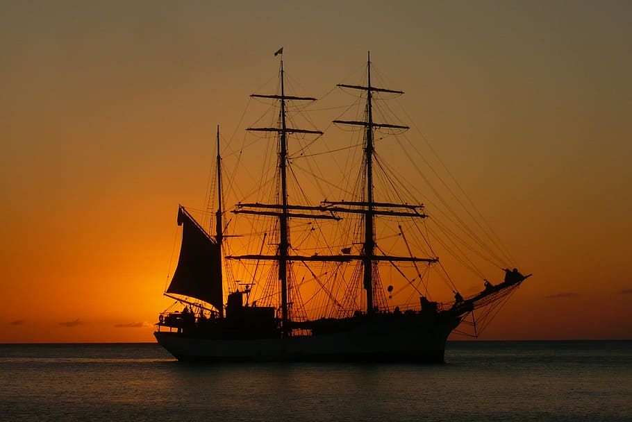 silhouette, galleon ship, sunset, martinique, boat, twilight, sea, nature, island, saint-pierre