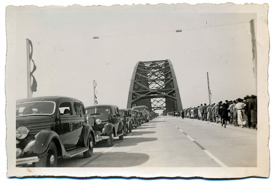 Black White, White, Bridge, Historical, Arnhem, bridge, line of cars, retro, old, pic, car