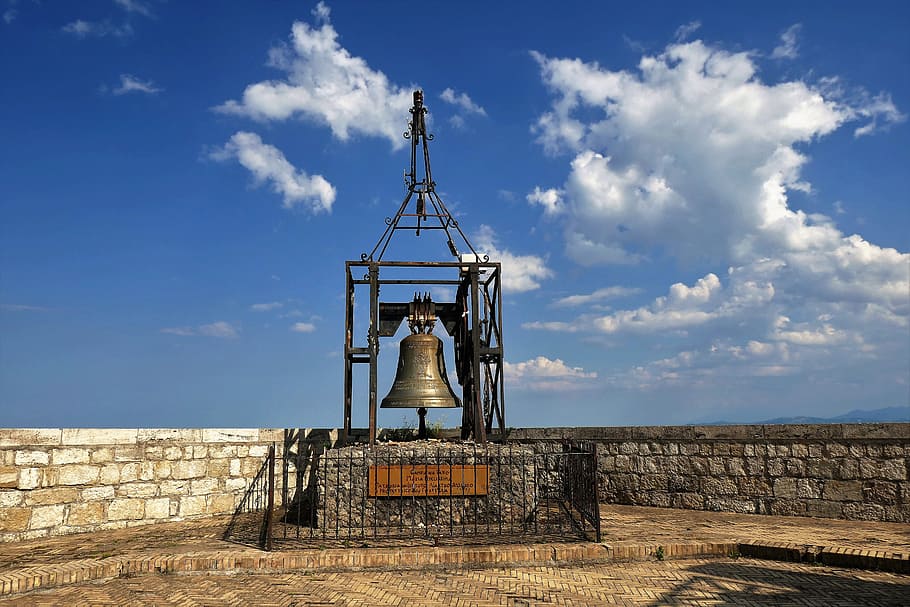 bell, bell tower, bronze bell, ring, metal, masonry, outlook, fortress, tower bell, clouds