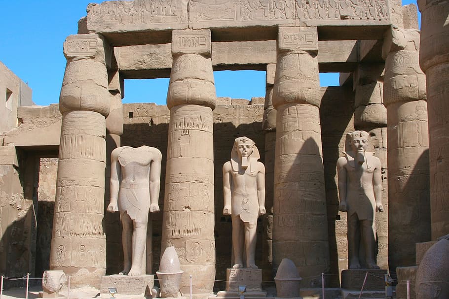 three, king tut statues, pillars, egypt, luxor, karnak temple, hieroglyph, ancient, civilization, nile