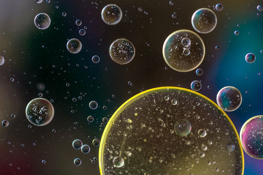 bolhas de água, fotografia de close-up, óleo na água, olho de óleo, líquido, resumo, textura, macro, óleo, fechar
