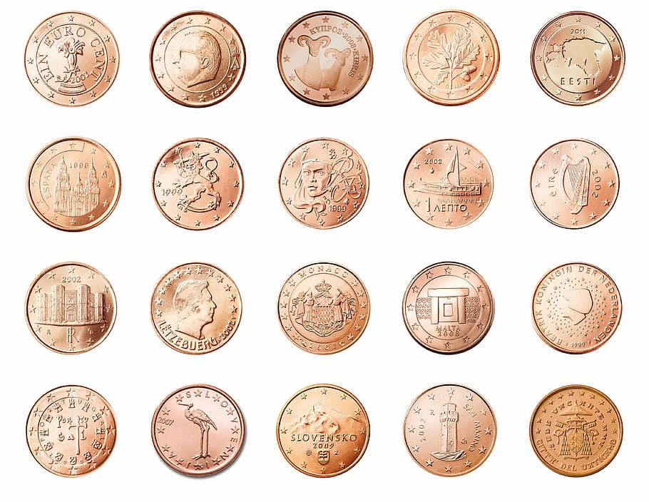 gold-colored coin collection, cent, 1, coin, currency, europe, money, wealth, business, finance