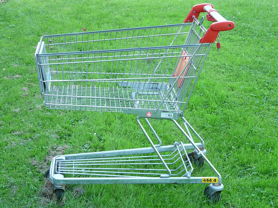 gray, steel shopping cart, lawn, shopping cart, shopping, supermarket, wire basket, castor wheels, thrust car, transport