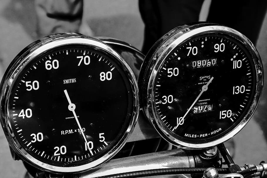 two black speedometers, motorcycle, tachometer, speedo, oldtimer, number, close-up, mode of transportation, accuracy, speedometer