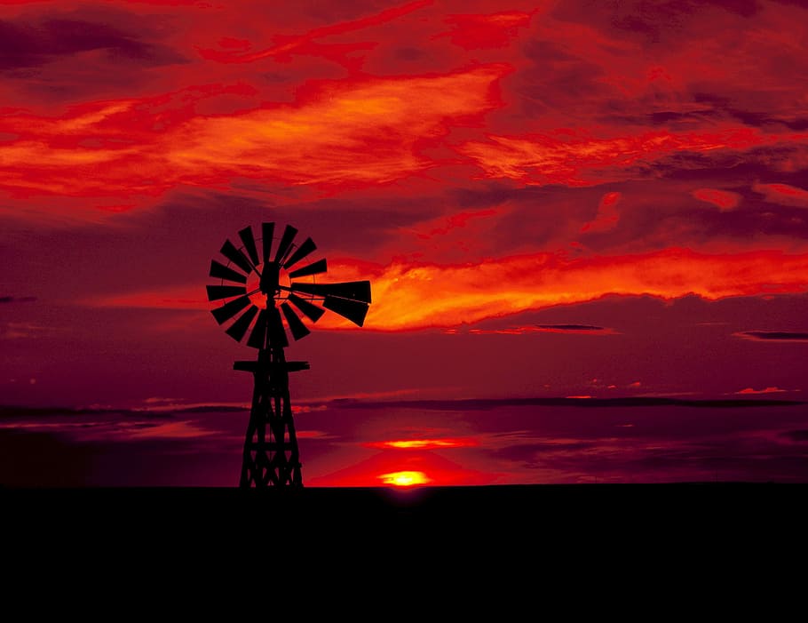 風景, 赤, 空, 風車, 赤い空, テキサス, 夕暮れ, 写真, パブリックドメイン, 日没