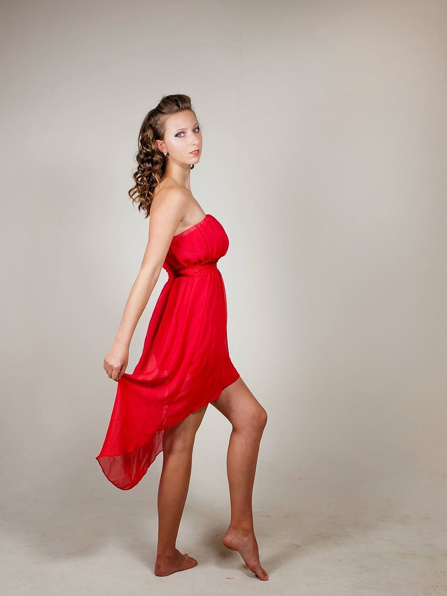 woman, red, strapless high-low dress, women's, tube, dress, girl, in red dress, curly hair, body
