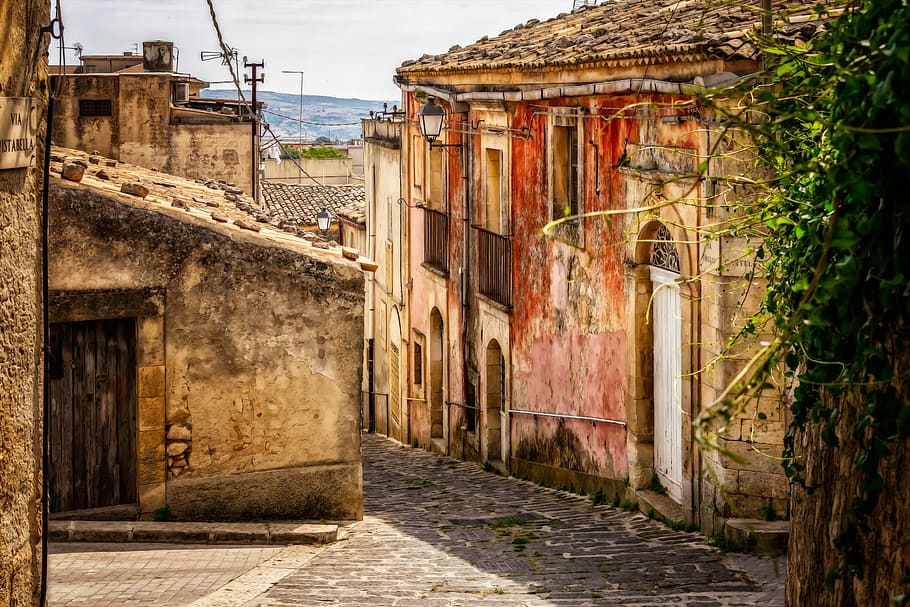foto, caminho, casas, Sicília, cidade, vila, passado, mediterrâneo, velho, nostalgia