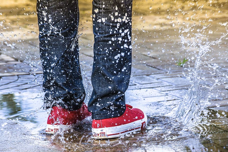 water, liquid, splash, wet, converse, shoes, red, street, low section, human leg