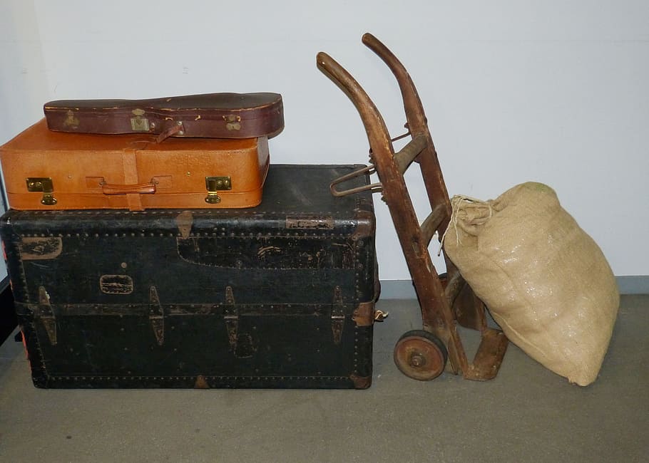 marrom, saco, ao lado, carrinho de mão, caixas de armazenamento, bagagem, carrinho, caminhão de saco, historicamente, cargas