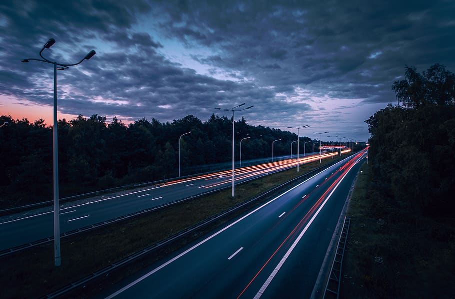 motorway, lights, night, dark, evening, dusk, cars, transport, quiet, concrete