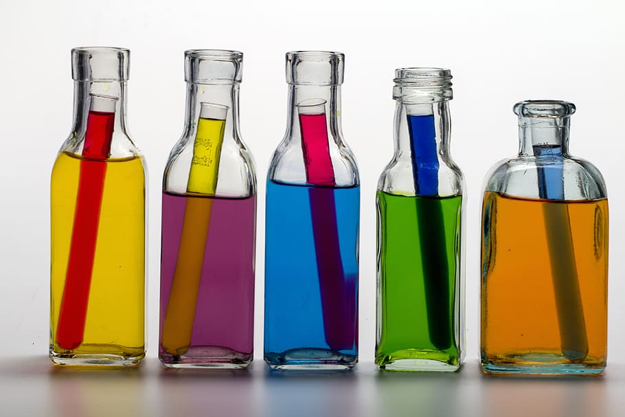 five, clear, glass bottles, still life, bottles, color, colored water, test tubes, farbenspiel, multi colored