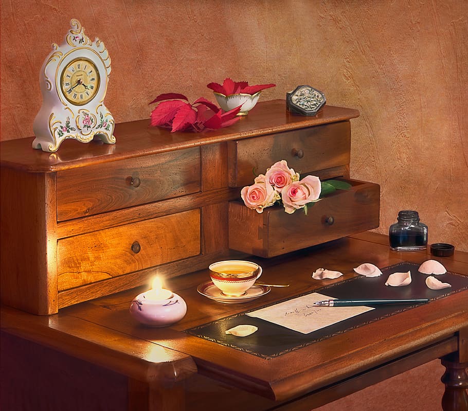 white, ceramic, teacup, top, brown, wooden, desk, office, clock, letter