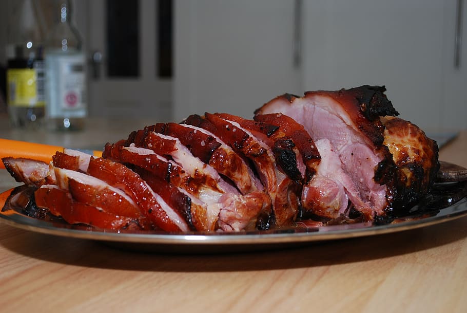 cooked, meat, plate, ham, food, gammon, pork, meal, food and drink, barbecue