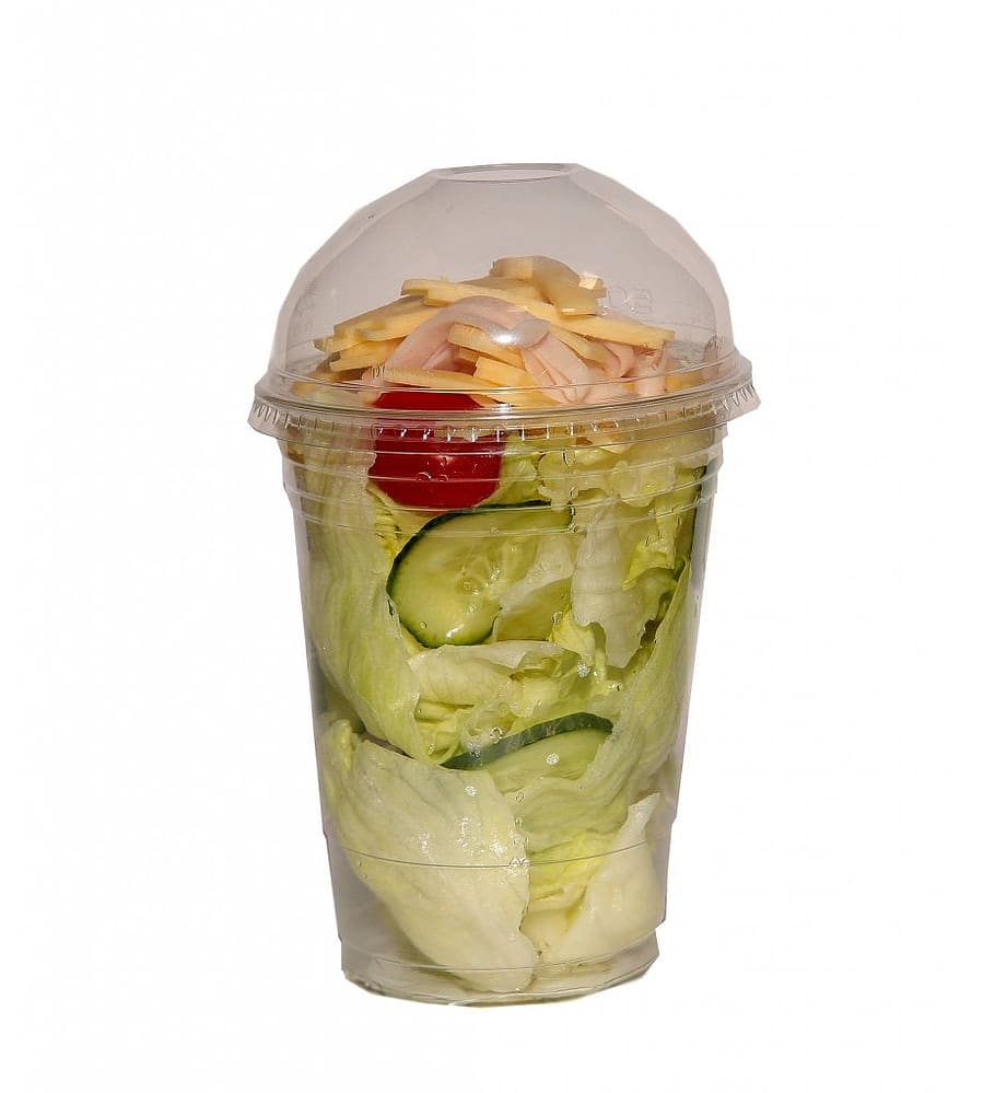 fast food, salad, finish salad, plastic packaging, plastic cups, eat, food, edible, white background, studio shot