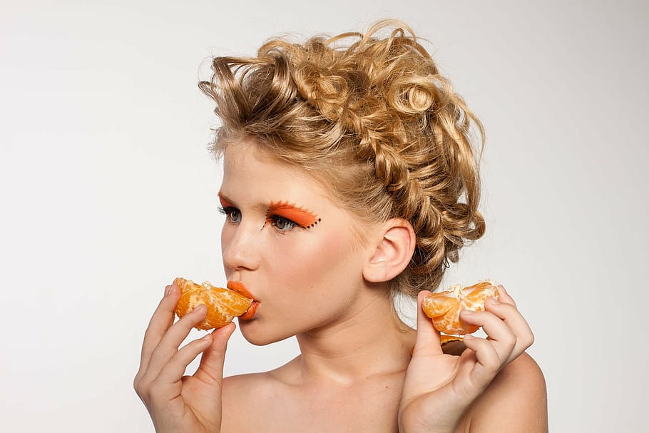 woman, eats, orange, citrus, fruit, portrait, makeup, model, tangerine, fashion