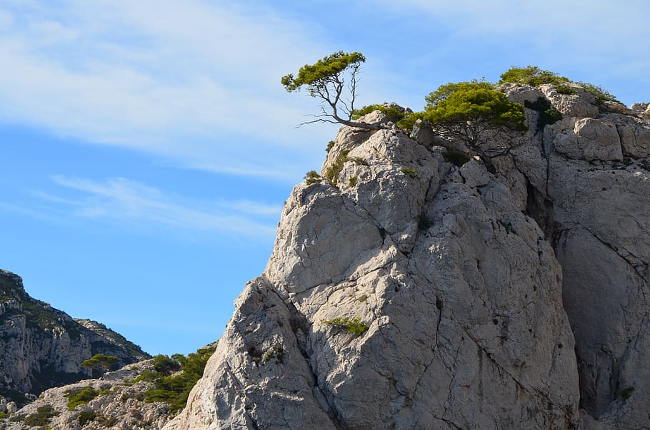 cassis, calanques, rock, mountains, pine, the south of france, mediterranean, landscape, cliff, sky