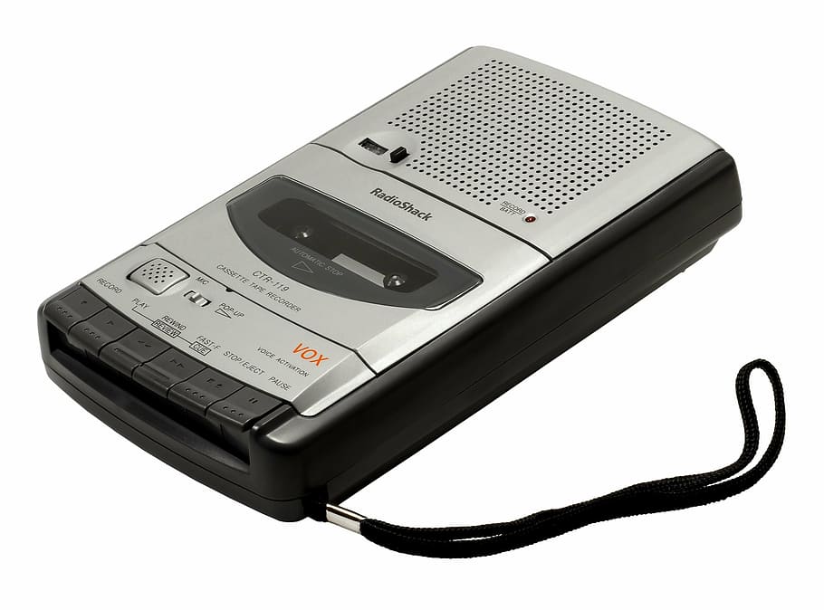 gray, radioshack cassette tape player, recorder, cassette, built-in microphone, radioshack, handheld recorder, work, registration, tehnologie