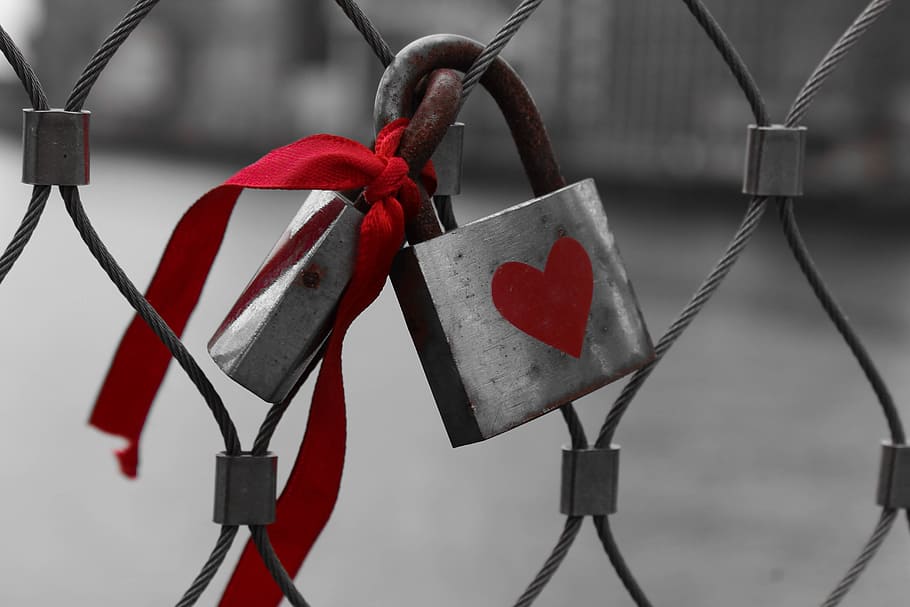 shallow, focus photography, gray, padlock, wire, lock, steel, metal, red, ribbon