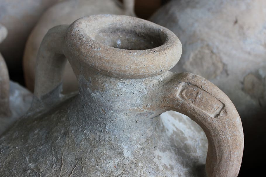 barang antik, amphora, roma, vestige, arkeologi, st-roman-en-gal, di dalam ruangan, close-up, kerajinan, seni dan kerajinan