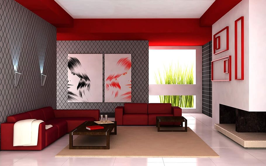 red, sectional, sofa, front, coffee table, top, brown, area rug, living room, apartment