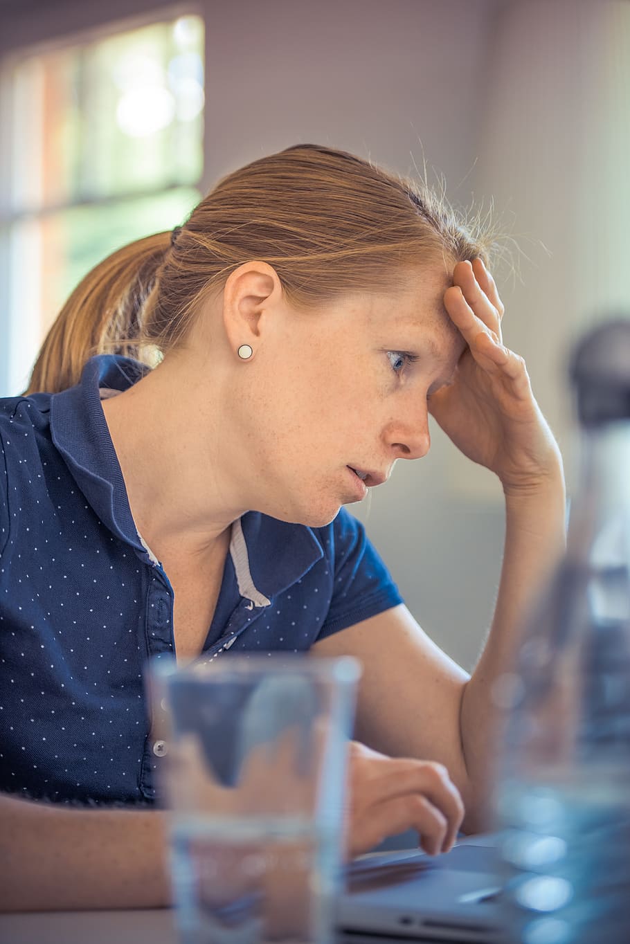 woman, wearing, blue, polo shirt, using, laptop, adult, annoyed, blur, burnout