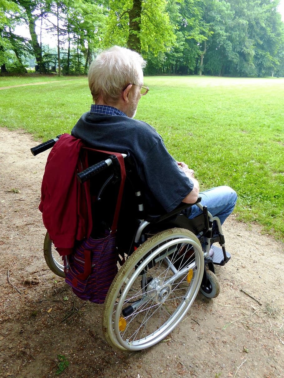 hombre, sentado, anciano, Senior, silla de ruedas, persona, abuelo, locomoción, usuarios de silla de ruedas, paseo