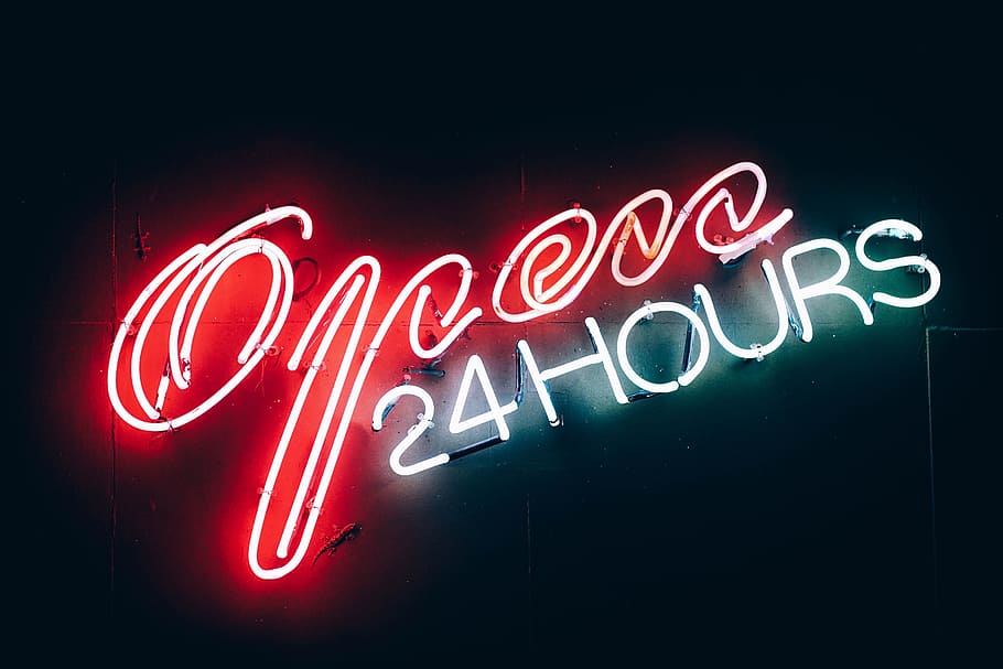 open, 24, hours, neon, light, signage, dark, night, lights, text
