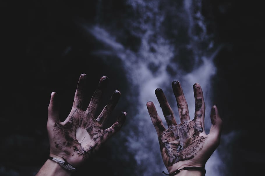 person, showing, greasy, hands, selective, focus, photography, black, liquid, human