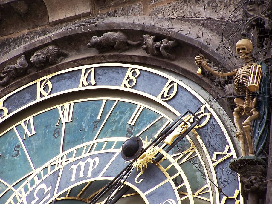 esqueleto, grande, reloj, reloj astronómico, muerto, tiempo, praga, relojes, pm checo, astronomía