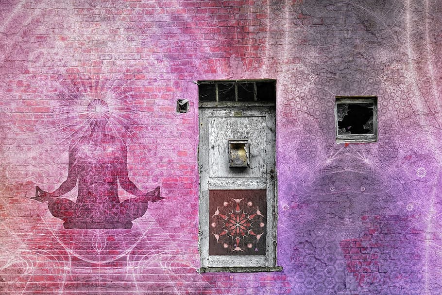 wall, painted, person, meditating, mandala, chakra, brick, door, vintage, meditation
