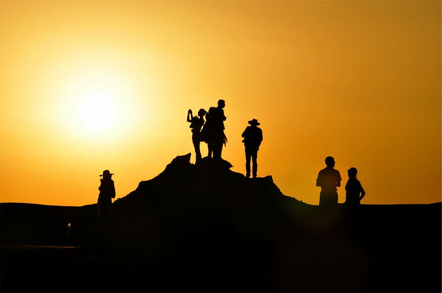 silhouette, people, golden, hour, standing, cliff, sunset, dusk, shadows, group