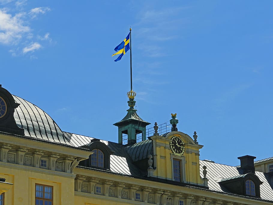 royal flag, drottningholm palace, stockholm, sweden, residence, royal family, roof section, stately, parliamentary monarchy, king