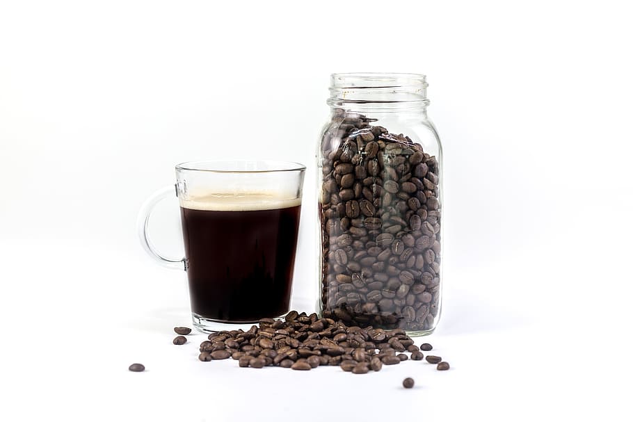 glass, black, brewed, coffee, hot, drinks, jar, container, beans, seeds