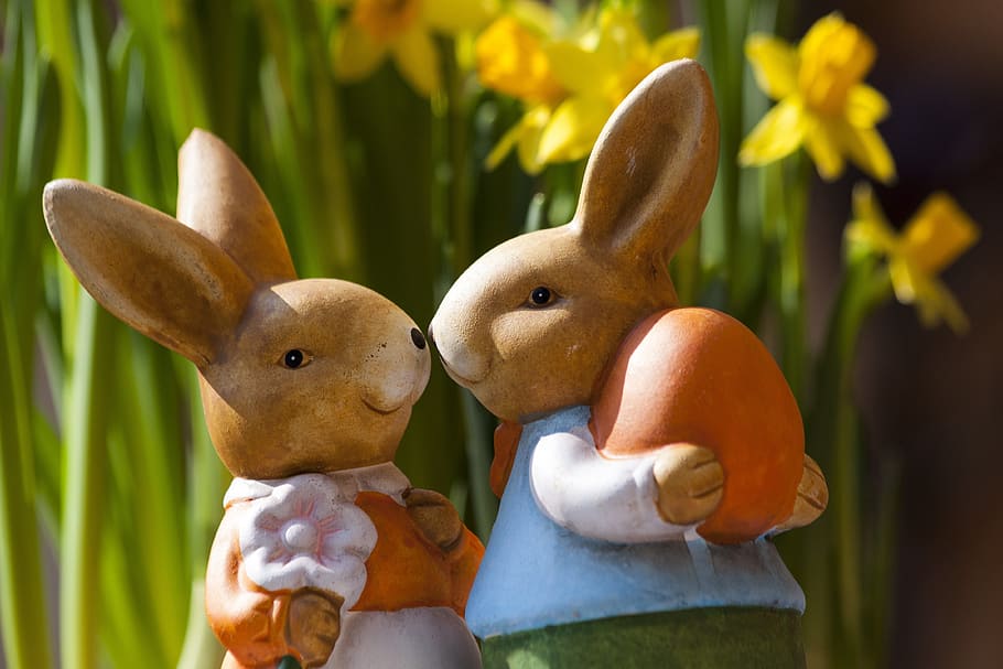 two, rabbit figurines, daffodil flower, easter bunny, easter, rabbit, bunny couple, osterhasen few, figures, pair
