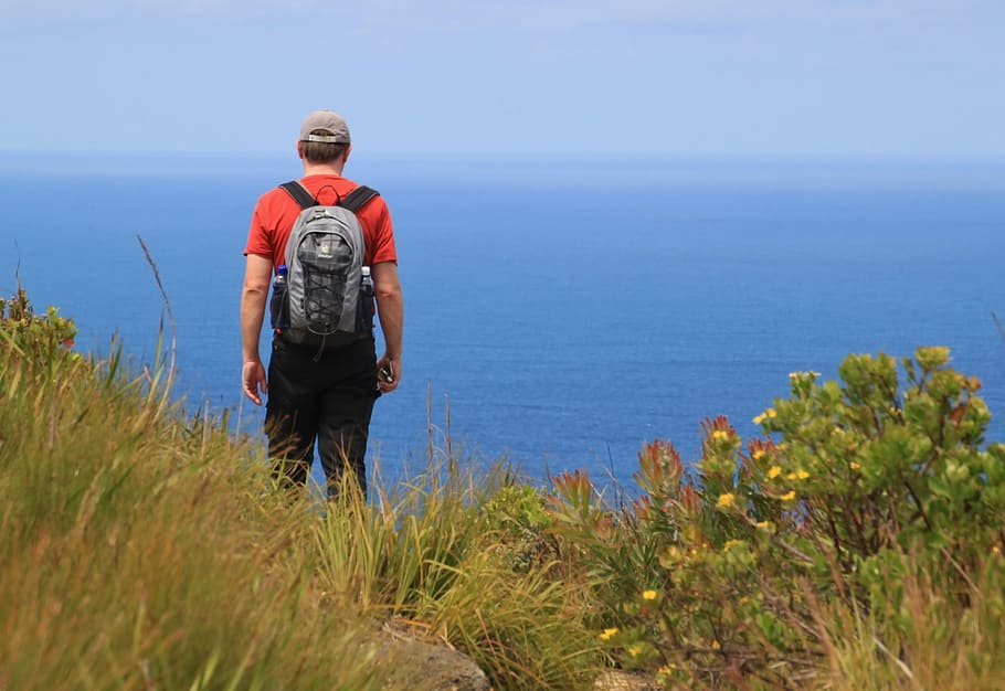 man, wearing, backpack, standing, cliff, wanderer, sea, hiking, vision, landscape