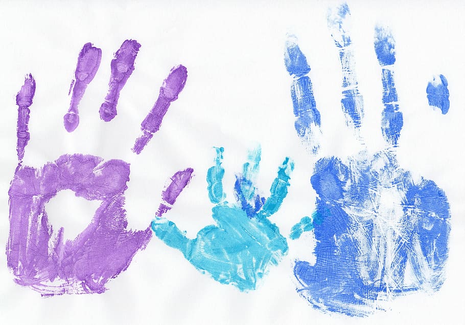 beberapa sidik jari, tangan, pribadi, manusia, warna, keluarga, tekanan, sidik jari, cat, biru