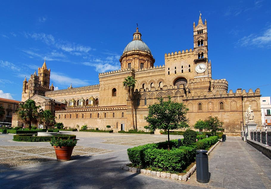 coklat, beton, bangunan, biru, langit, Palermo, Sisilia, Monumen, arsitektur, Tempat terkenal