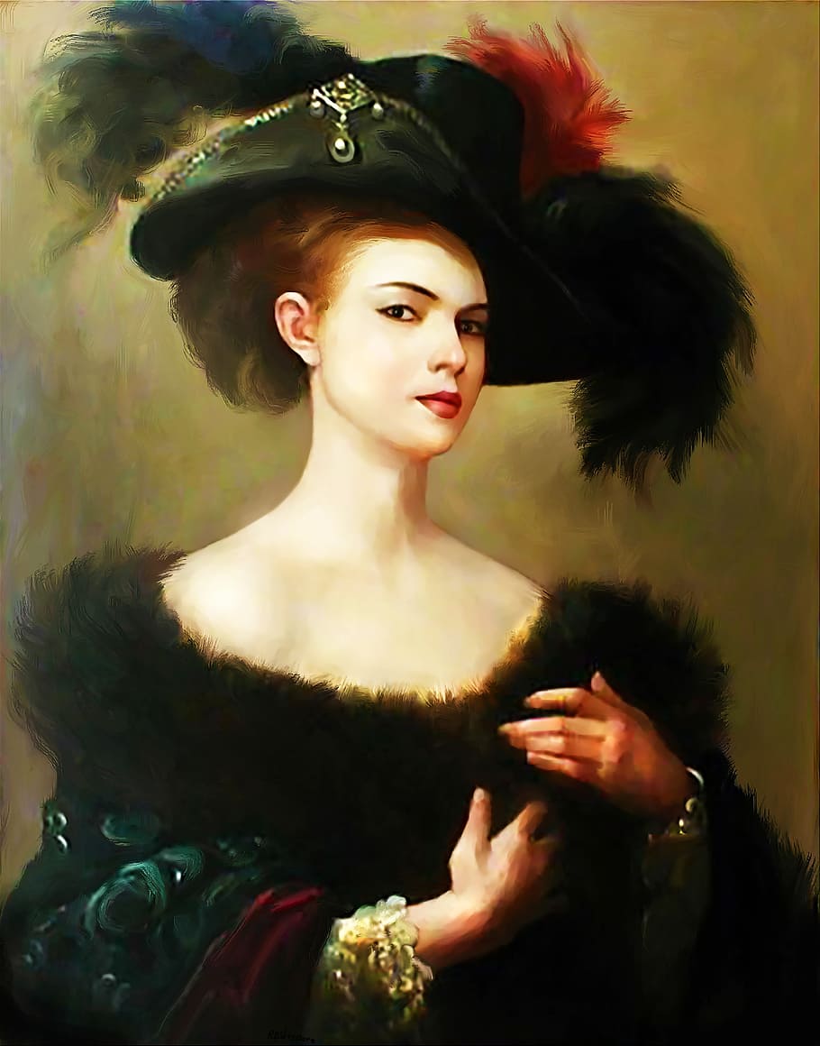 primer plano, fotografía, mujer, vistiendo, verde, negro, vestido de pintura, mujer victoriana, pintura creativa, restauración