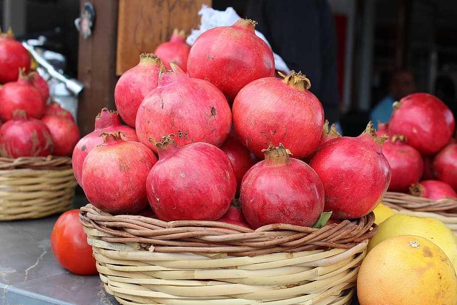 fruit, red, pomegranate, autumn, harvest, food and drink, food, freshness, healthy eating, basket