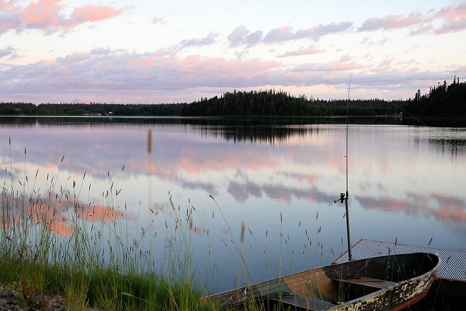 photography, canoe, calm, body, water, white, sky, alaska, lake, nature