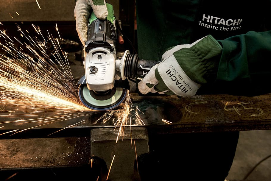 person, using, angle grinder, steel, grinder, hitachi, power tool, flexible, grind, building